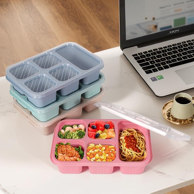 Wheat Straw Bento Snack Box Containers, 4-Pack 5-Compartment Meal Prep, Reusable Food Storage, Stackable, Ideal for Work & Travel, Lunch Box Set