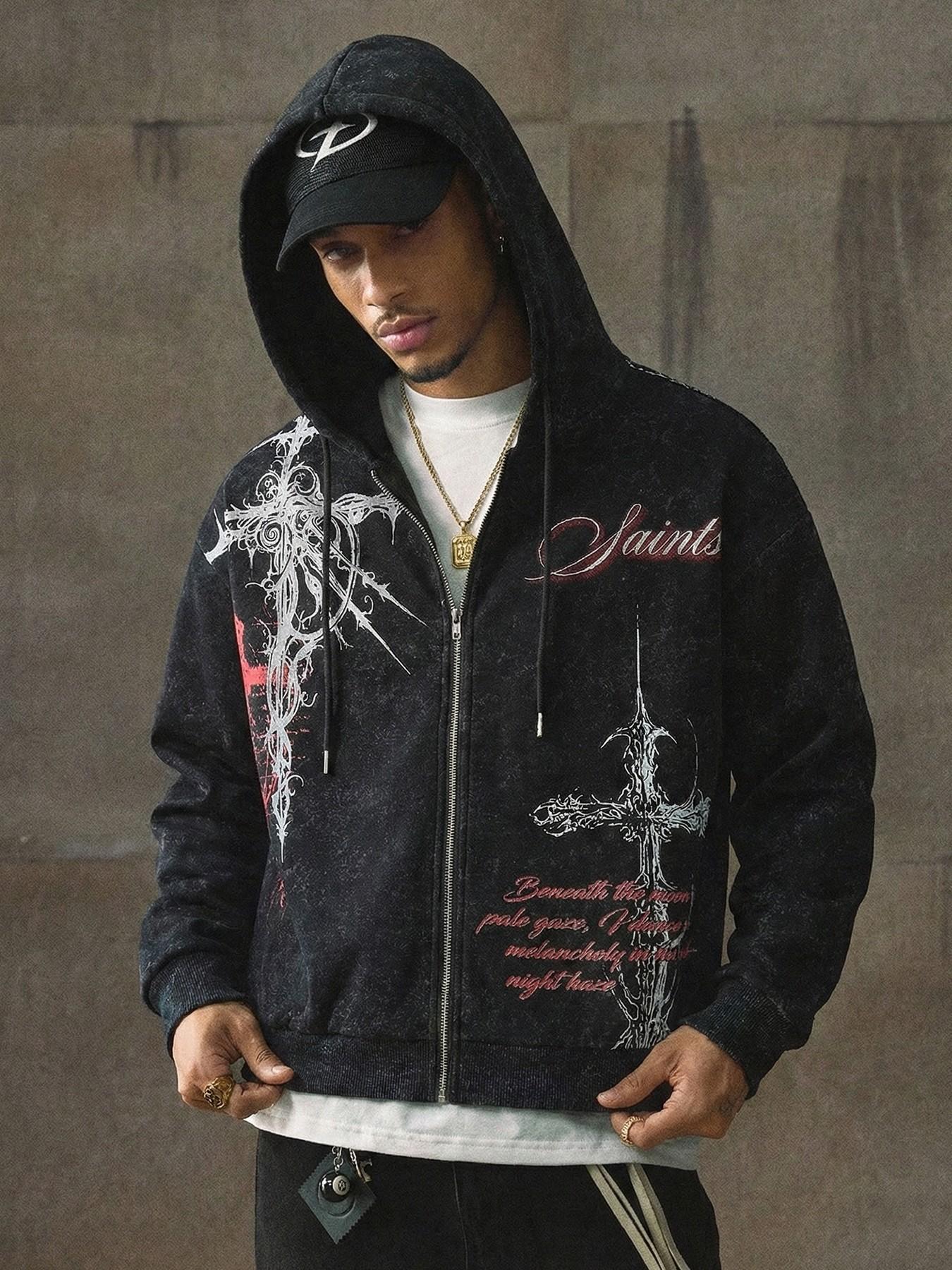 Men's Gothic Cross Print Zip Hoodie, Trendy Streetwear for All Seasons, Soft Comfortable Fabric, Perfect for Casual Gatherings