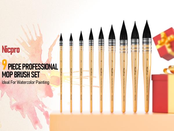 Nicpro Professional Watercolor Paint Brushes with Nylon Bag, 9 Pack Mop Paintbrush, Round Synthetic Squirrel Hair, Bulk Paint Brushes for Watercolor Painting, Gouache, Acrylic, Oil, Wood Color