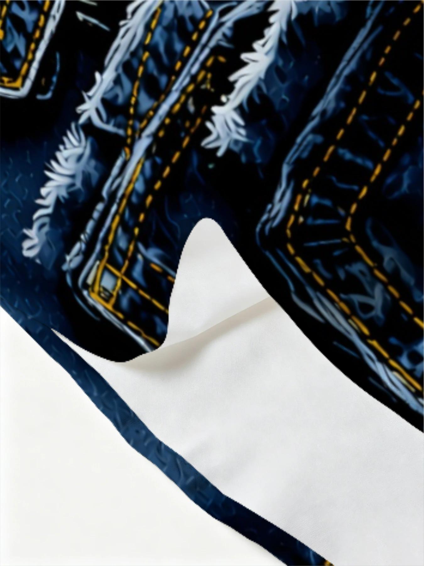Men's Long Sleeve Casual Collared Shirt, Fashion Trendy Denim Pattern Print Design, Personalized Printed Casual Versatile Top, Casual Fabric Clothing