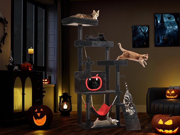 DWVO Gothic Cat Tree with Coffin Bed, 63"/38.6"  Tall Cat Tower for Indoor Cats with Top Perch, Spacious Cat Condos, Spider Hanging Balls,Comfy Hammock, Scratching Post and Ladder, Black Halloween