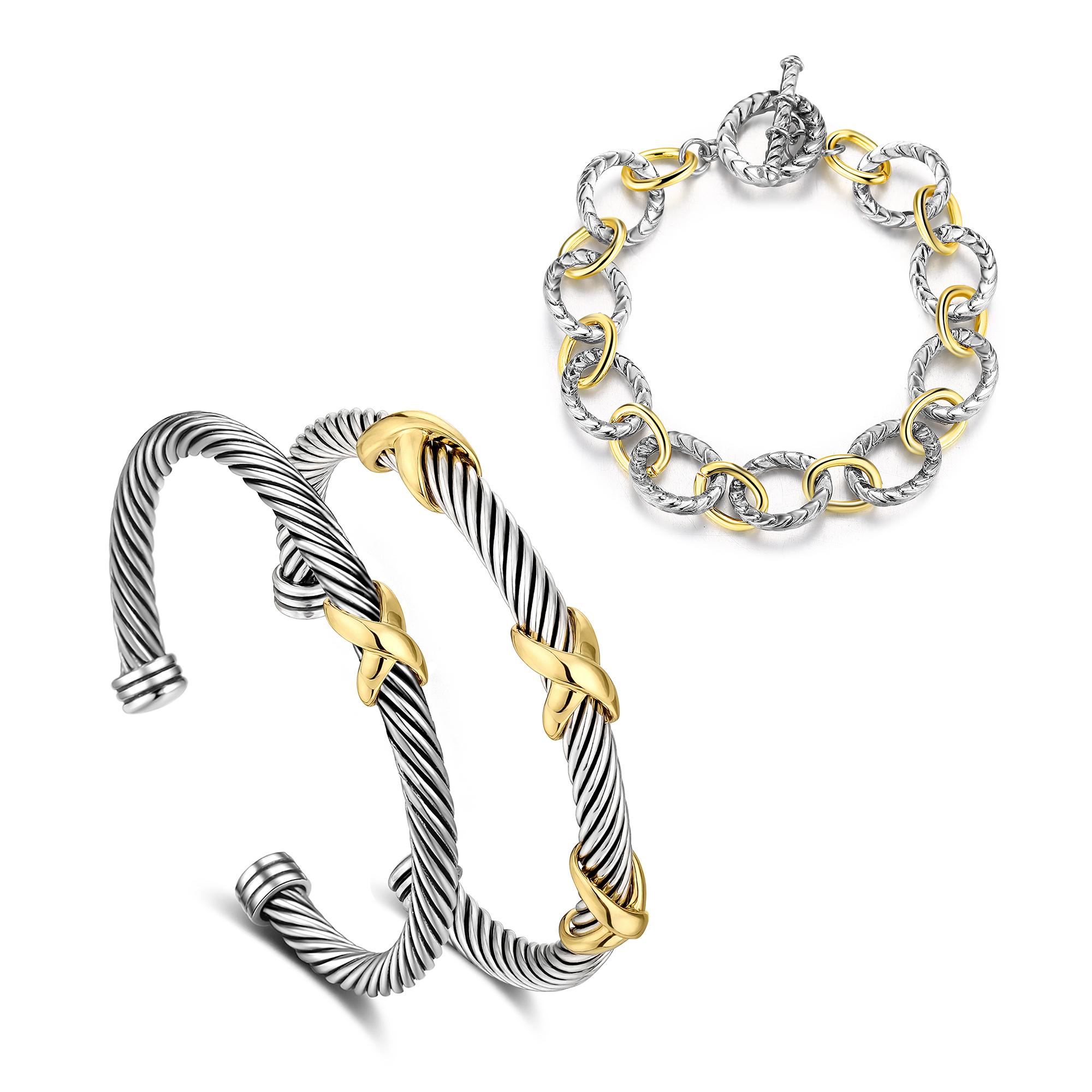 Mytys Two Tone Twisted Cable Bracelet for Women Fashion Wire Cuff Dupes Bracelet Open Adjustable Bangle Jewelry Gifts for Her