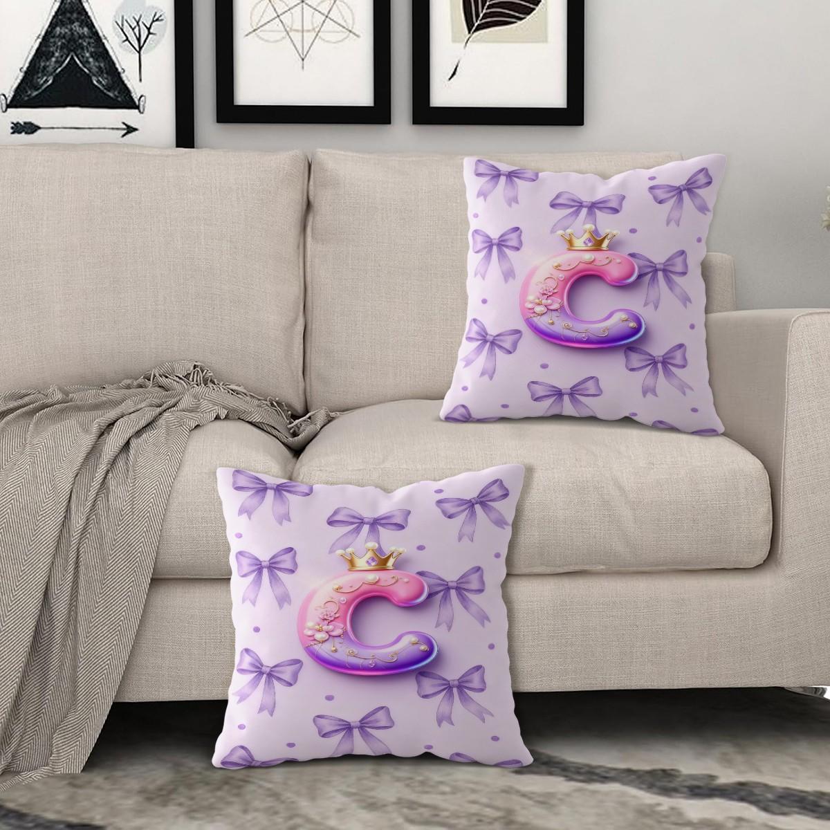 Purple 3D Letter A-Z Crown Throw Pillow 1 Pc with Insert, Soft Comfortable Square Cushion with Zipper Closure for Sofa Chair & Bedroom, Exclusive Customization with Initials Gift, Princess Style Home Decor