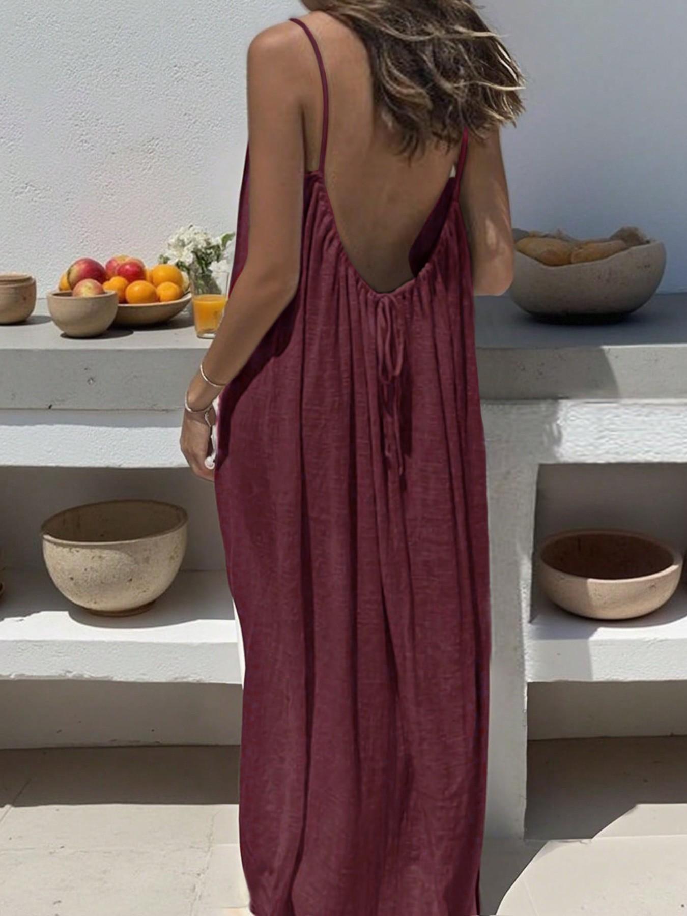 Women's Summer Sleeveless Spaghetti Strap Plain Dress, Elegant Long Nightgown for Indoor Wear, Casual Loose Fit Sleepwear for All Seasons