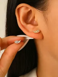 Angel Wing Cz Stud Earrings, 14k Silver Color Plated, Dainty Sparkling Wing Earrings for Women Girls, Minimalist Everyday Wear