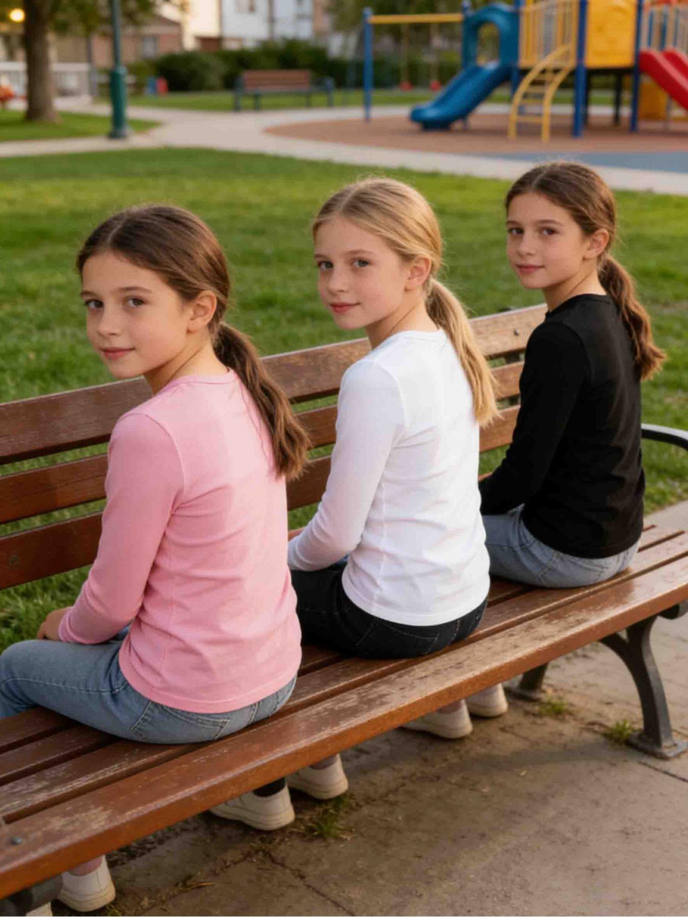 3-piece set of girls' solid color basic round neck knitted long sleeved T-shirt, slim and comfortable, machine washable, soft and skin friendly, Soft and gentle, practical for daily leisure, suitable for both school and outdoor use