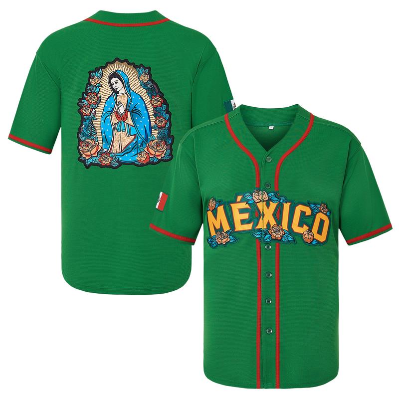 V-Neck Mexico Guadalupe Embroidered Baseball Jersey,Men's Gift,Button Short Sleeve Sports Jersey,Loose Breathable Soft Comfort,Gift for Game Day