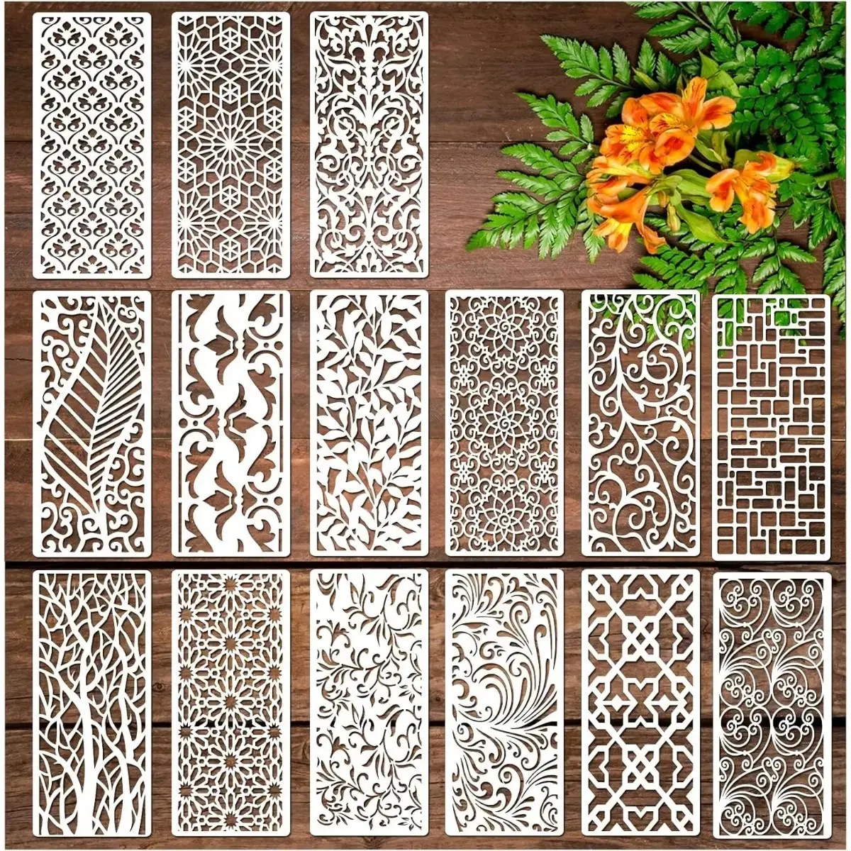 15 Pieces Stencils for Painting, Border Leaf Stencil Template Plant Furniture Cake Decorative Stencils for Wood DIY Craft Canvas Fabric Home Decor
