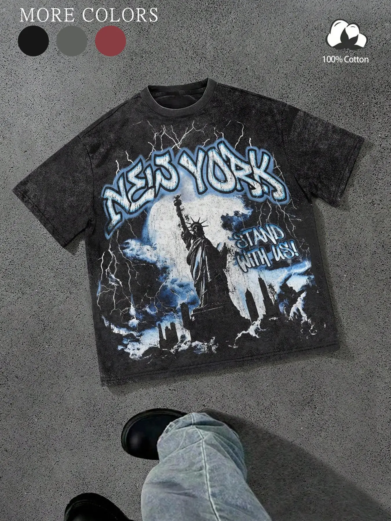 Unisex streetwear style, "New York stand us" lettering and Statue of Liberty portrait print, washed cotton crew neck T-shirt, suitable for streetwear, trendy outfits, Y2K style, high street culture, and casual wear