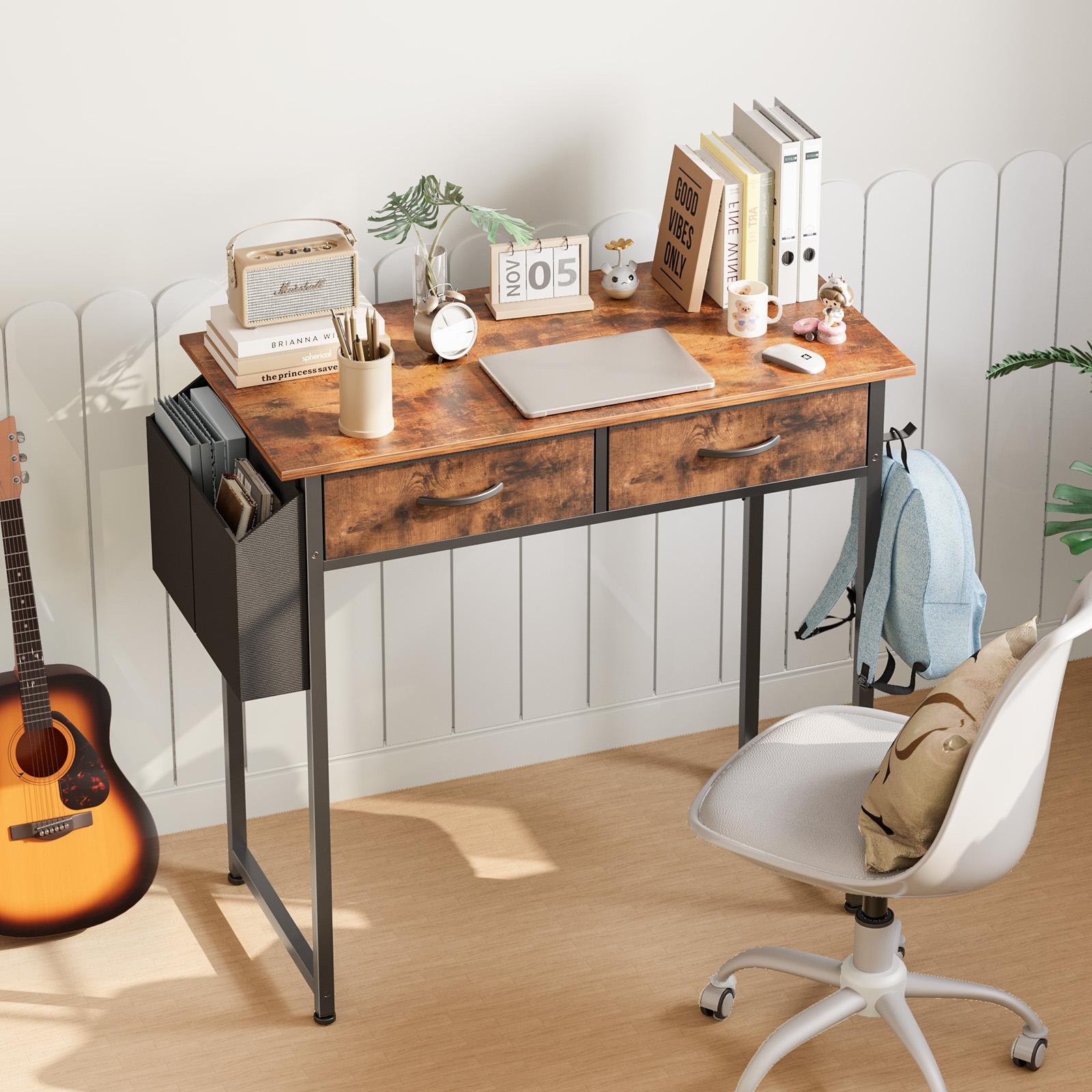 32/48In Computer Desk with Side Storage Bag and Headphone Hook, Home Office Study Writing Table with Adjustable Metal Frame for Bedroom Workspace Furniture Shelf Drawer Organizer