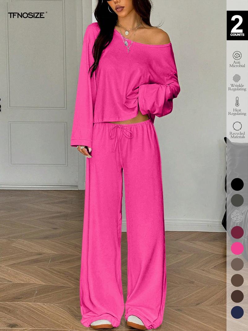 2 Piece Set Women Sleepwear Loungewear, Elegant Simple Solid Color Loose Long Sleeve Thermal Top And Pants pajamas Set, Pjs For Autumn/Winter，All Season Fashion