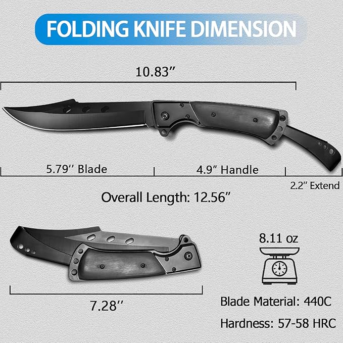 10.5" Large Folding Knife with Rosewood Handle - Long Blade Best Gift for Men,Outdoor Camping Survival Kitchen Fruit Knife