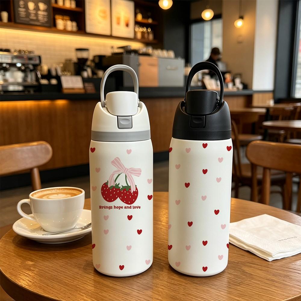 Sweet Bow Strawberry Heart 32oz Insulated Cup, 304 Stainless Steel, Portable Direct Drink, Girl Style, Car Travel Water Bottle, 1 Piece