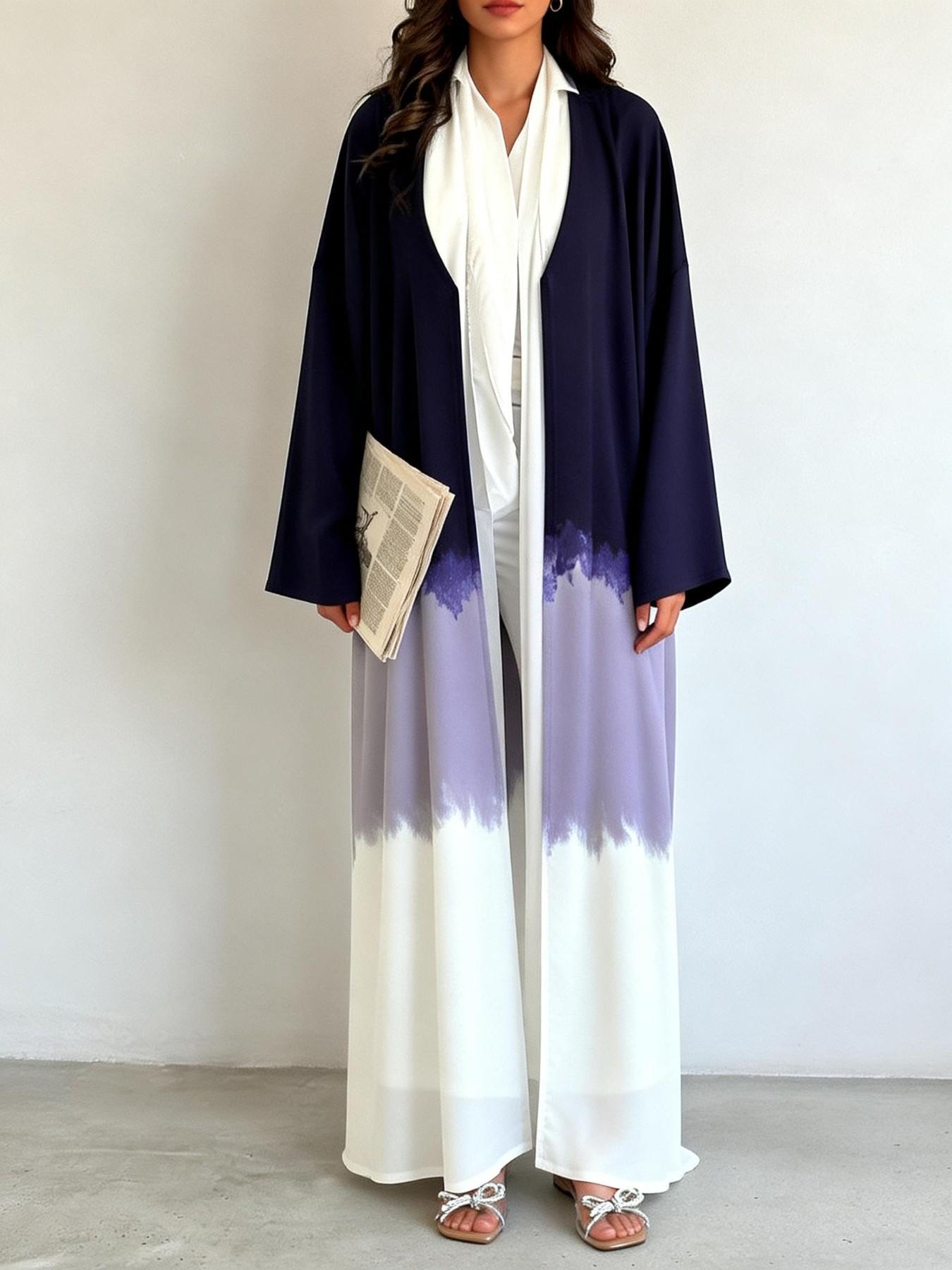 Women's Gradient Color Block Open Front Cardigan, Long Sleeve Loose Fit Elegant Commuter Casual Arab Robe, Cross-Border Fashion Outerwear