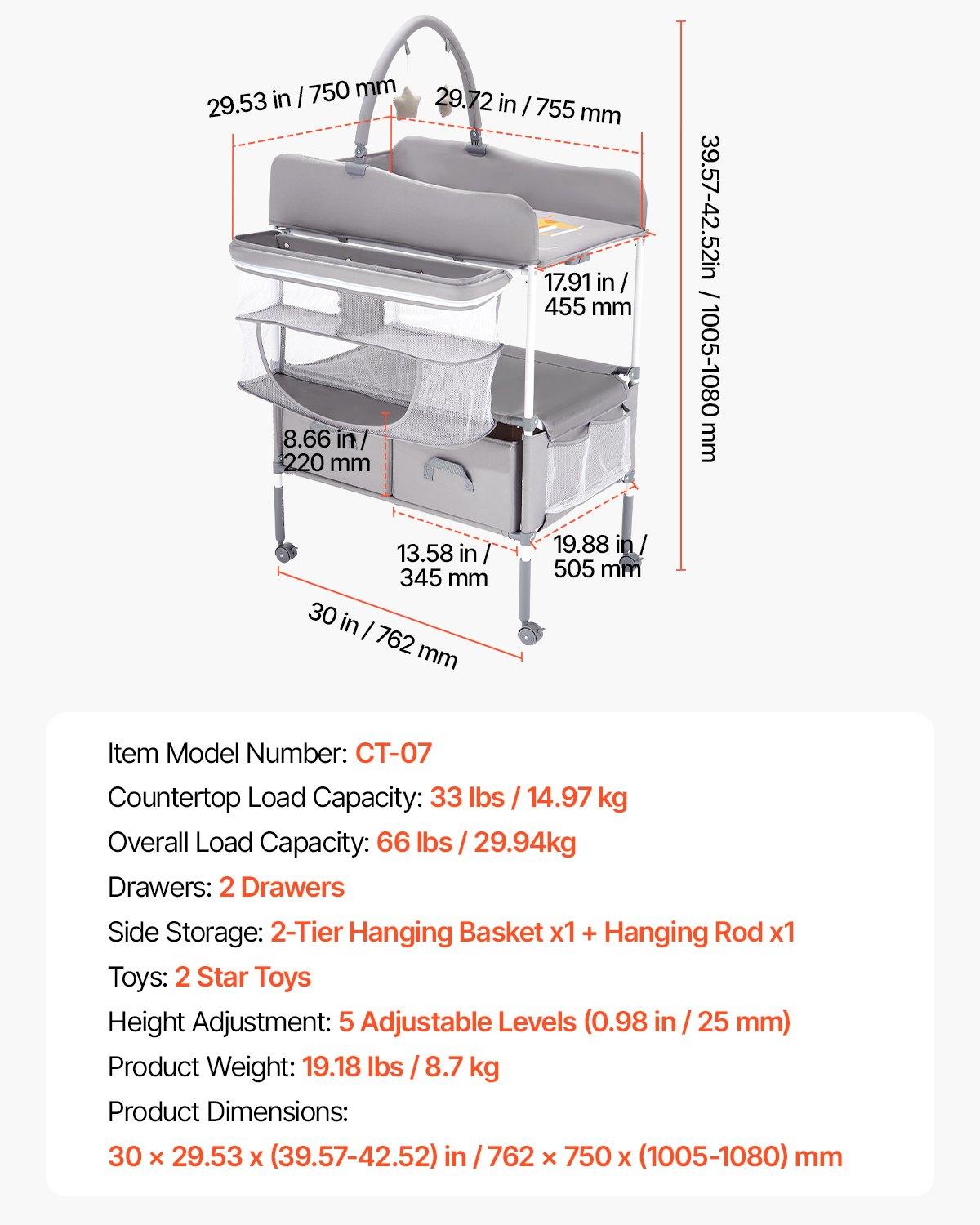 VEVOR Baby Changing Table, Foldable Diaper Change Station with 2 Fabric Drawers, Side Basket & Hanging Rod, Adjustable Height Portable Changing Table with Lockable Wheels & 2 Star Toys, Light Gray