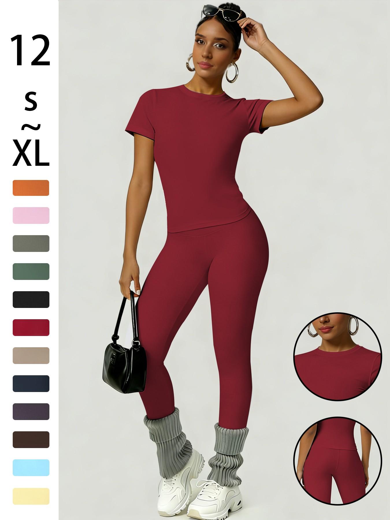 Women's Slim-Fit Round Neck Short Sleeves Top & High-Waisted Yoga Pants Sportswear Set, Ideal for Gym Running and Outdoor Activities