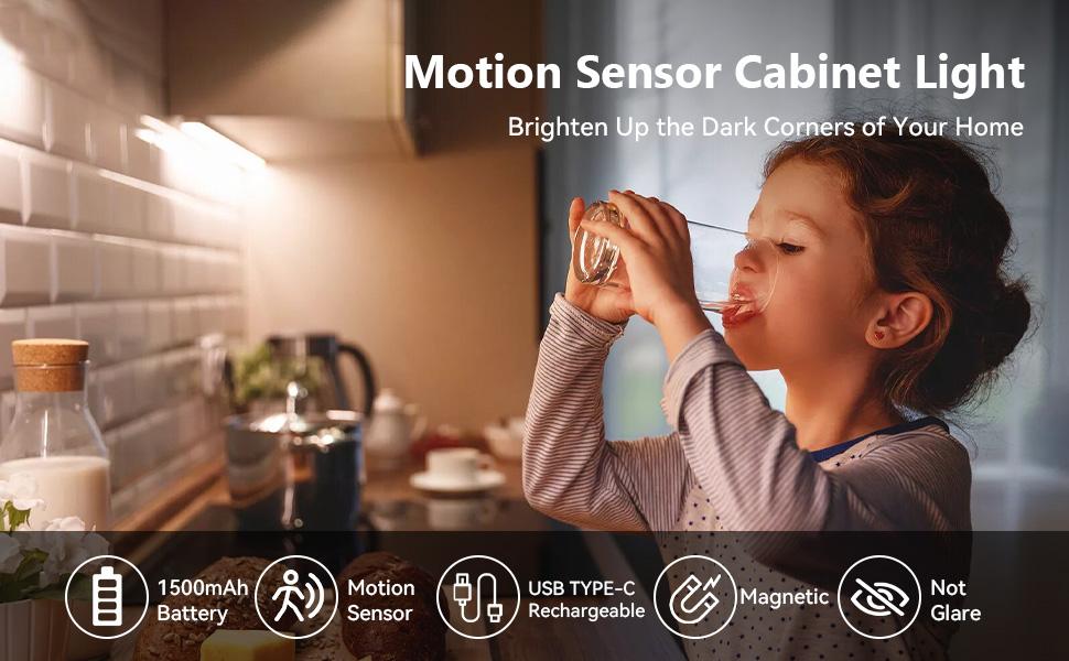 LED Under Cabinet Light, Bright Motion Sensor Light Indoor, Stick-on Magnetic Closet Light, Under Counter Lights, Wireless USB Charging, 48 LED Night Lights for Kitchen, Wardrobe (2 Packs)