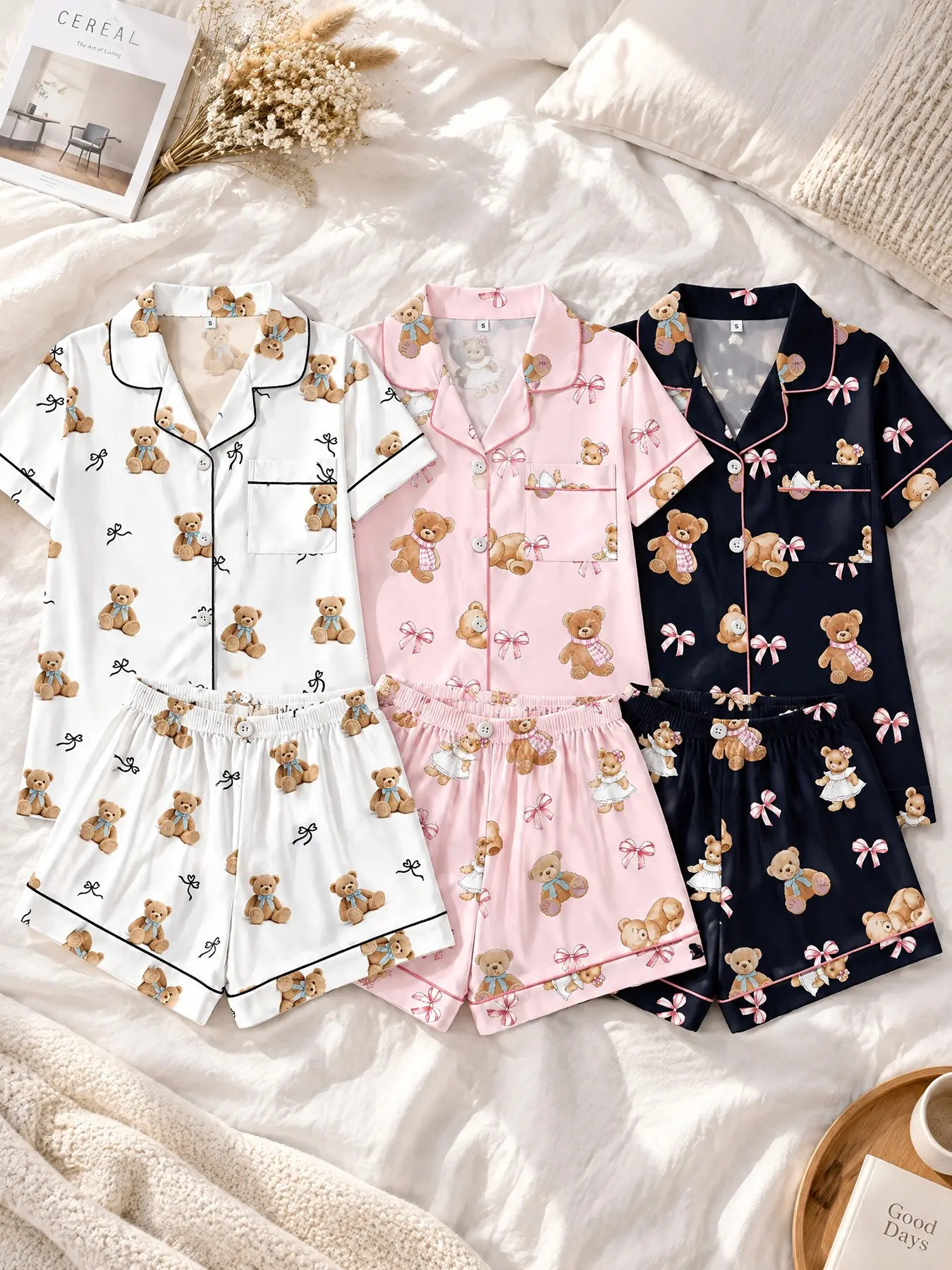 Women Pajama Set 3 Pack, Open Front Short Sleeve Top & Shorts Sleepwear, Wearable All Seasons, Bow & Simple Bear Print, Three Prints For Daily Rotation, Lapel Style, Loose Silhouette, With Pockets, Home Outfit For Indoor Leisure