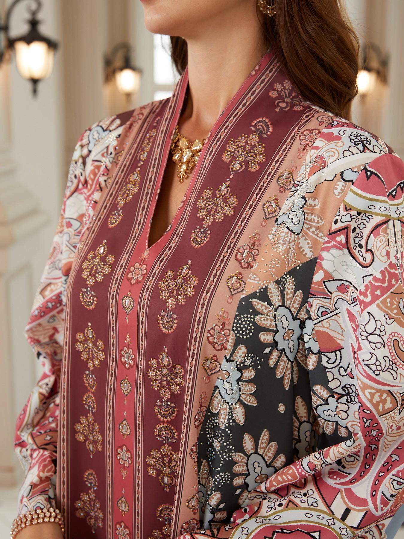 Women's Vintage Floral Totem Print Embellished Robe, Dubai Style Kaftan Evening Gown, Eid Al Fitr Abaya