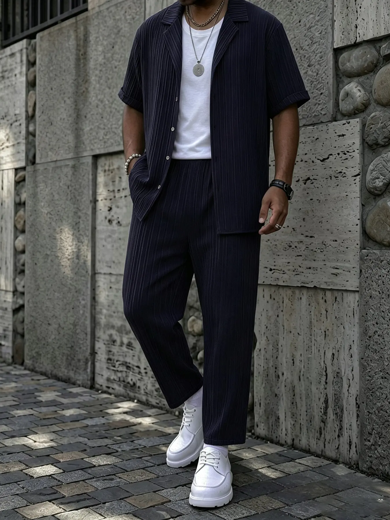 Men's Casual Solid Vertical Crinkle Texture Loungewear Pajamas 2-Piece Set, Lapel Short Sleeve Button Shirt & Matching Drawstring Long Pants, Lightweight Cool Breathable Fabric, Relaxed Fit for Indoor Lounging, Napping, WFH & Lazy Weekends