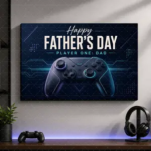 Happy Father’s Day Canvas Wall Art, Player One Dad Gaming Poster, Gamer Dad Father’s Day Gift Decor, Video Game Controller Wall Art, Canvas Poster or Framed Canvas Wrap,Father's Day Gift,wall decor,wall decor for men.,wall decor,poster.