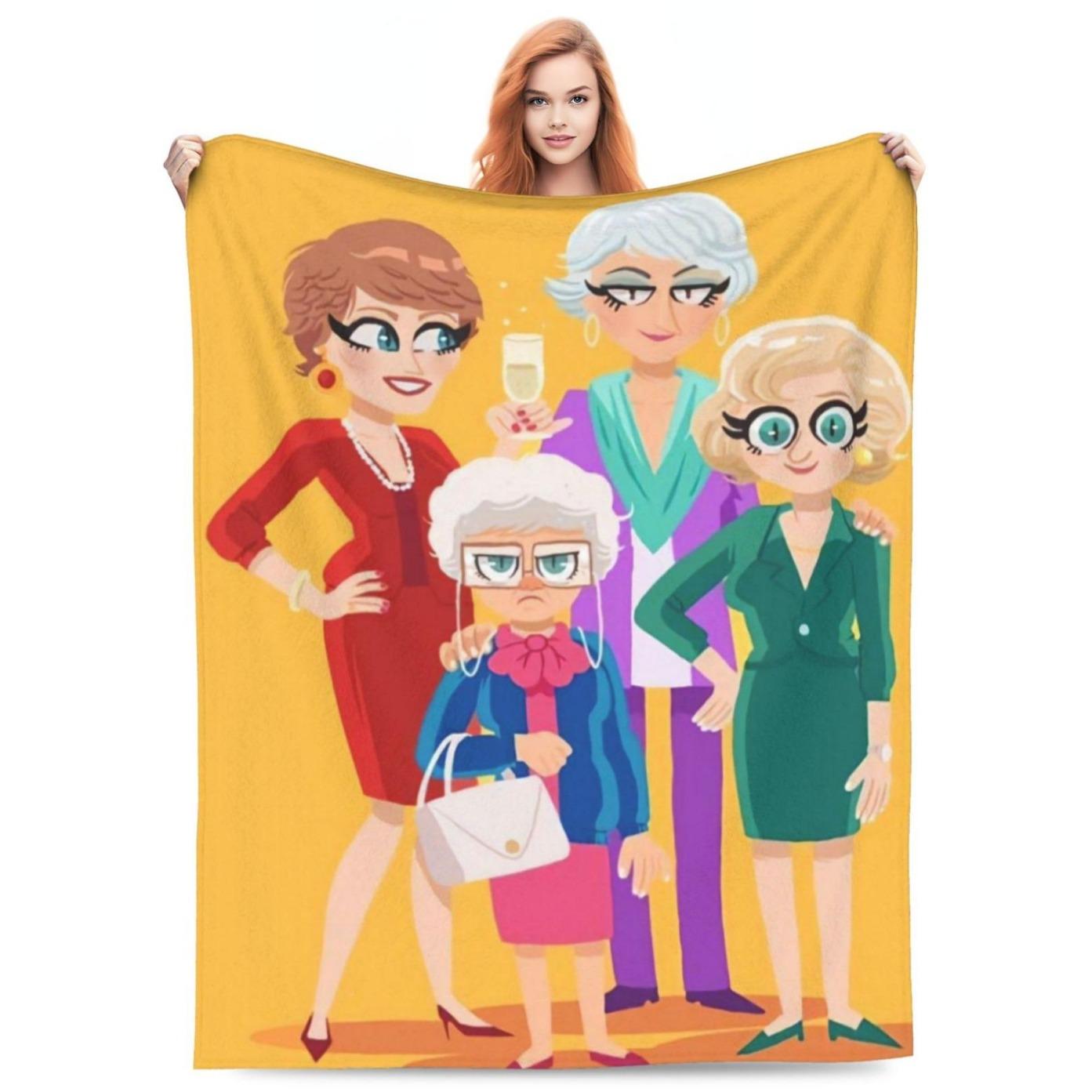 Golden Girls Cartoon Flannel Throw Blanket Soft Lightweight Cozy All Season Blanket For Sofa Bed Office Travel Classic TV Show Fan Bedroom Decor Holiday Birthday Women Best Friend Gift Blanket