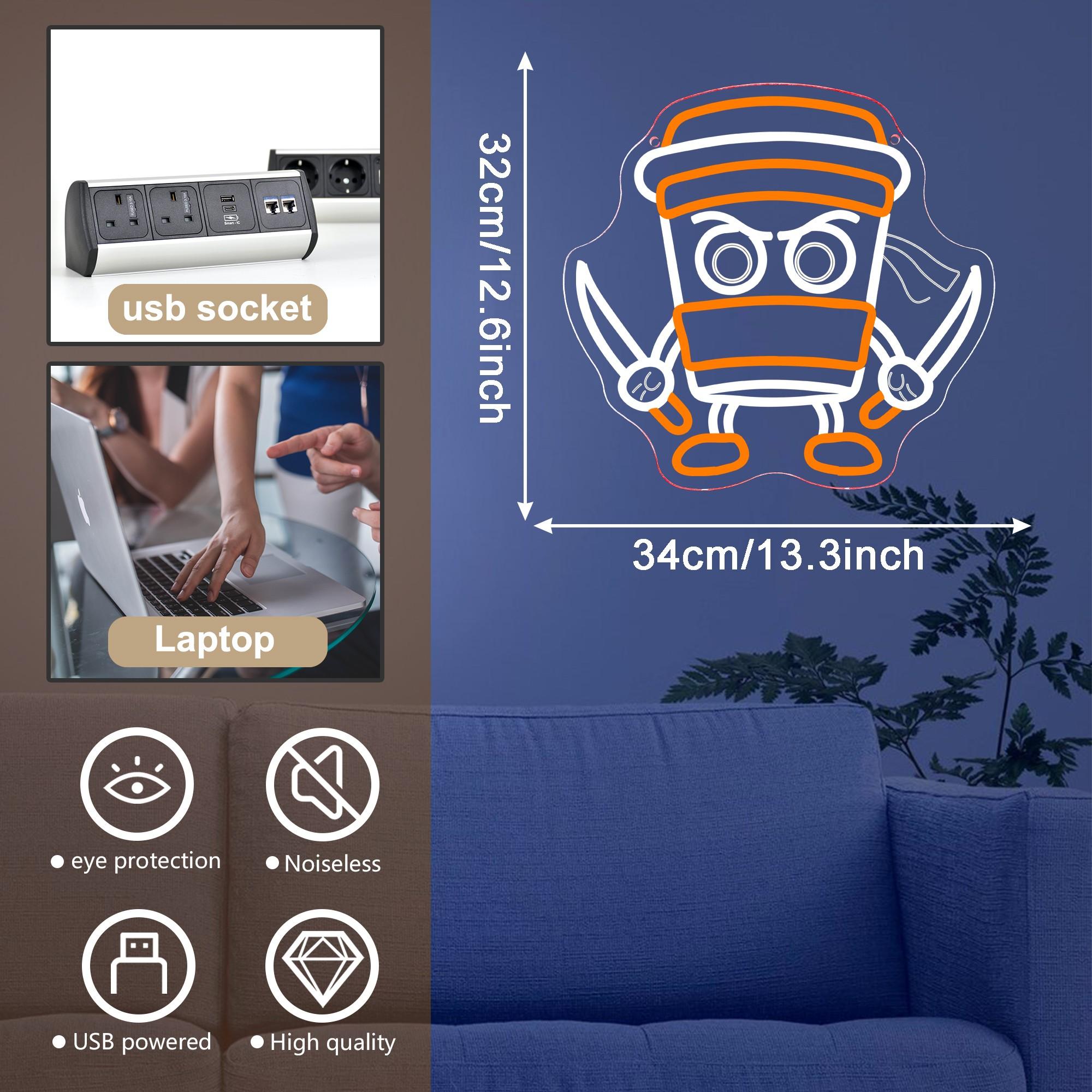 Italian Cappuccino and Assassin Neon Sign, Dimmable, Fun Cappuccino Killer Neon Sign, Ninja Coffee Cup Wall Decor, Suitable for Bedroom, Club, Cafe, Bar, Interior Decoration, Gift