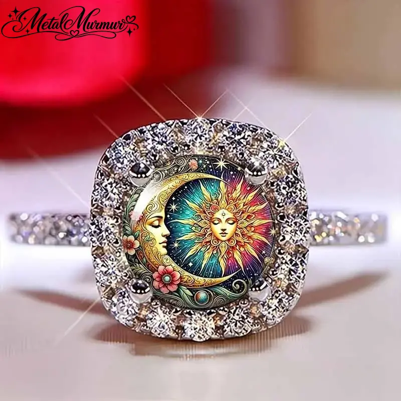 Sports & Outdoor Accessory Celestial Sun-Moon-Star Ring with Rhinestone Crystal Frame, Vintage-Inspired Adjustable Statement Jewelry for Women, Ideal for Daily Wear & Special Occasions