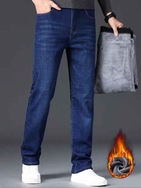 Men's Thickened Winter Fleece Jeans, Loose Straight Leg High Waist Casual Elastic Pants, Warm Long Denim Trousers for Fall & Winter, Denim Clothing