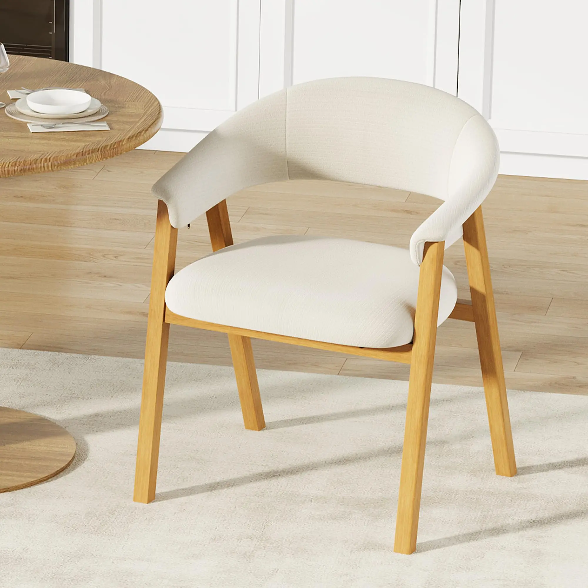 Soft Linen Upholstered Dining Armchairs with Padded Seat, Modern Curve Backrest, Wood Legs – Ideal for Dining Room, Kitchen