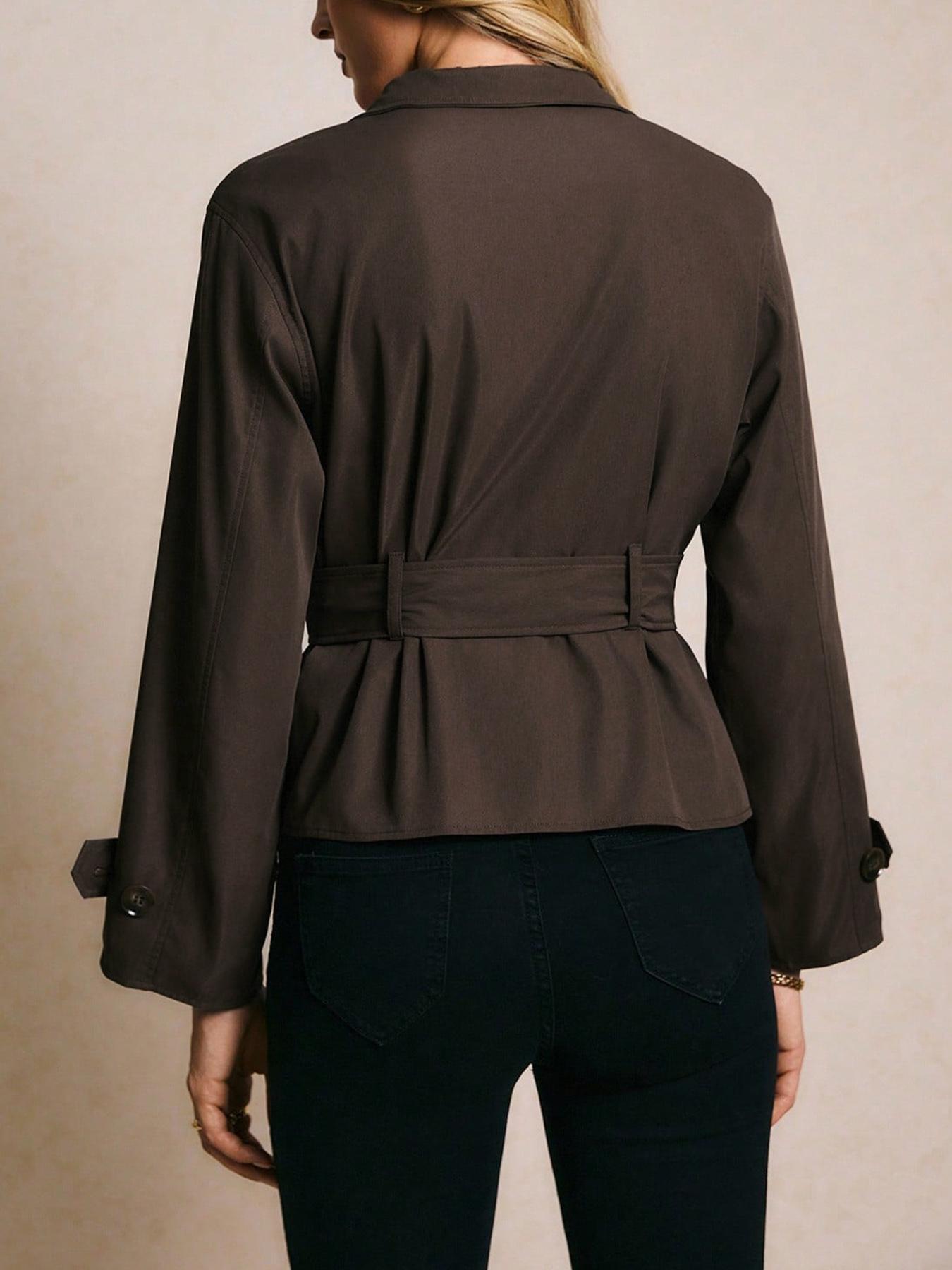 Ladies' brown trench coat with belt, ladies' trench coat, ladies' casual solid-color Woven Fit Asymmetrical Everyday trench coat, brown jacket, ladies' brown jacket, brown belted jacket, solid-color coat, stylish top