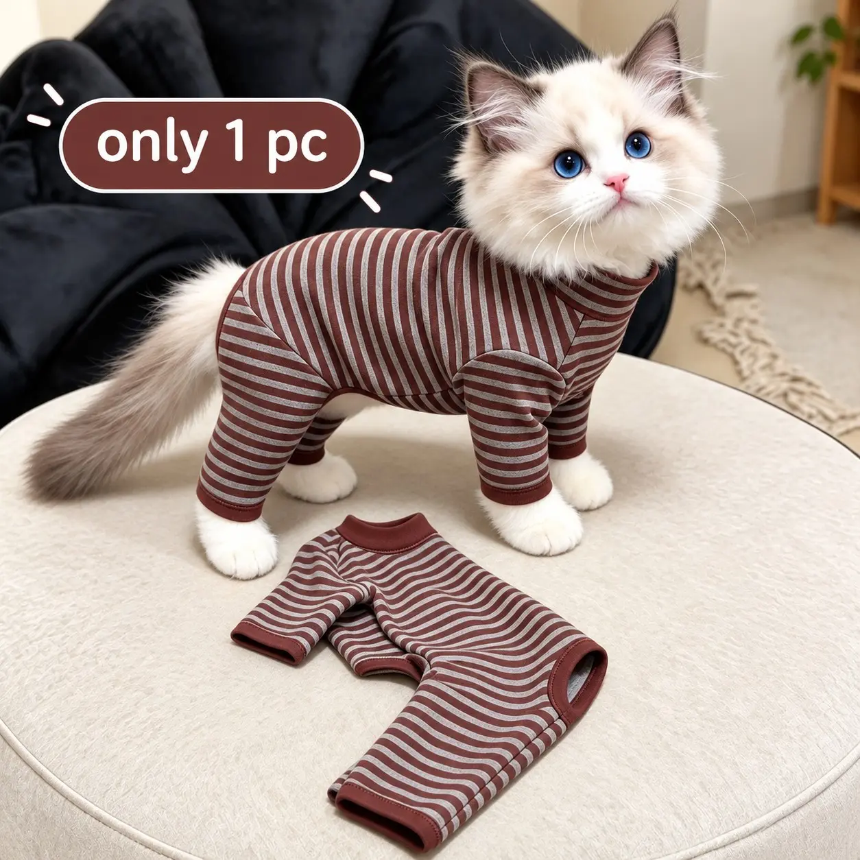 Striped Thermal Cute Cat Bodysuit, Autumn Winter 4-Legged Pet Base Layer, Soft High Neck Warm Cat Jumpsuit for Ragdoll, British Shaded Golden Kitten, Stretchy De-Rong Fabric Kitty Clothes