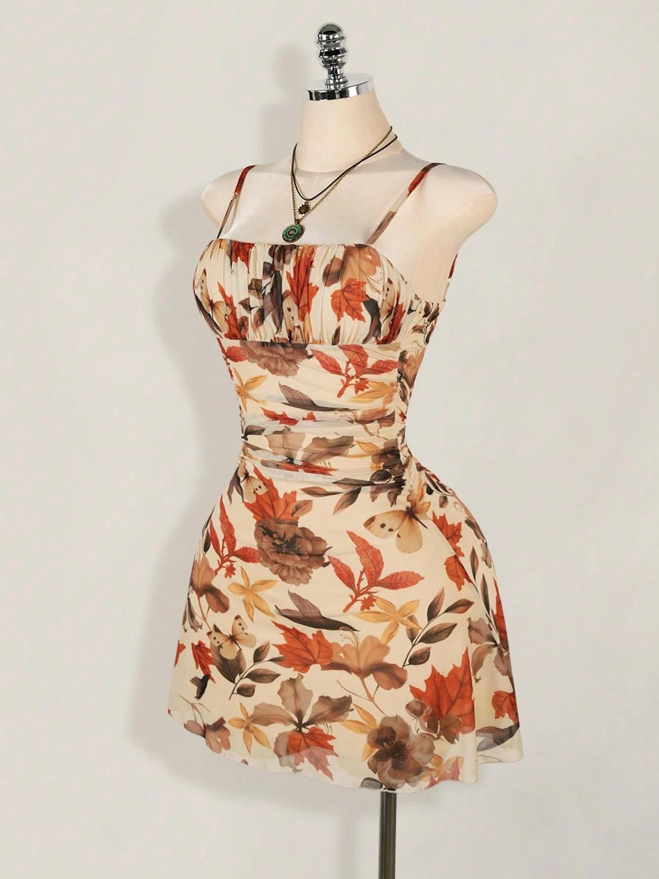 1 Piece Autumn Leaf Waist-Cinched Dress | Euro-American Casual Vibe | Spaghetti Strap Design + Breathable Fabric | Comfortable Pick for Autumn Day Trips / Casual Social Gatherings