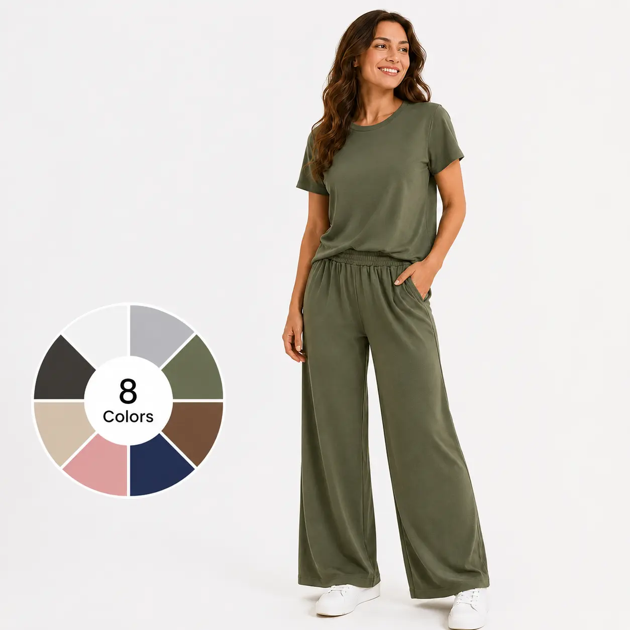 Women Casual 2‑Piece Loungewear Set, Round Neck Curved Hem Short Sleeve T‑Shirt + High Waist Pleated Wide Leg Pants with Side Pockets, Stretchy Knit Outfit, Multi‑Color