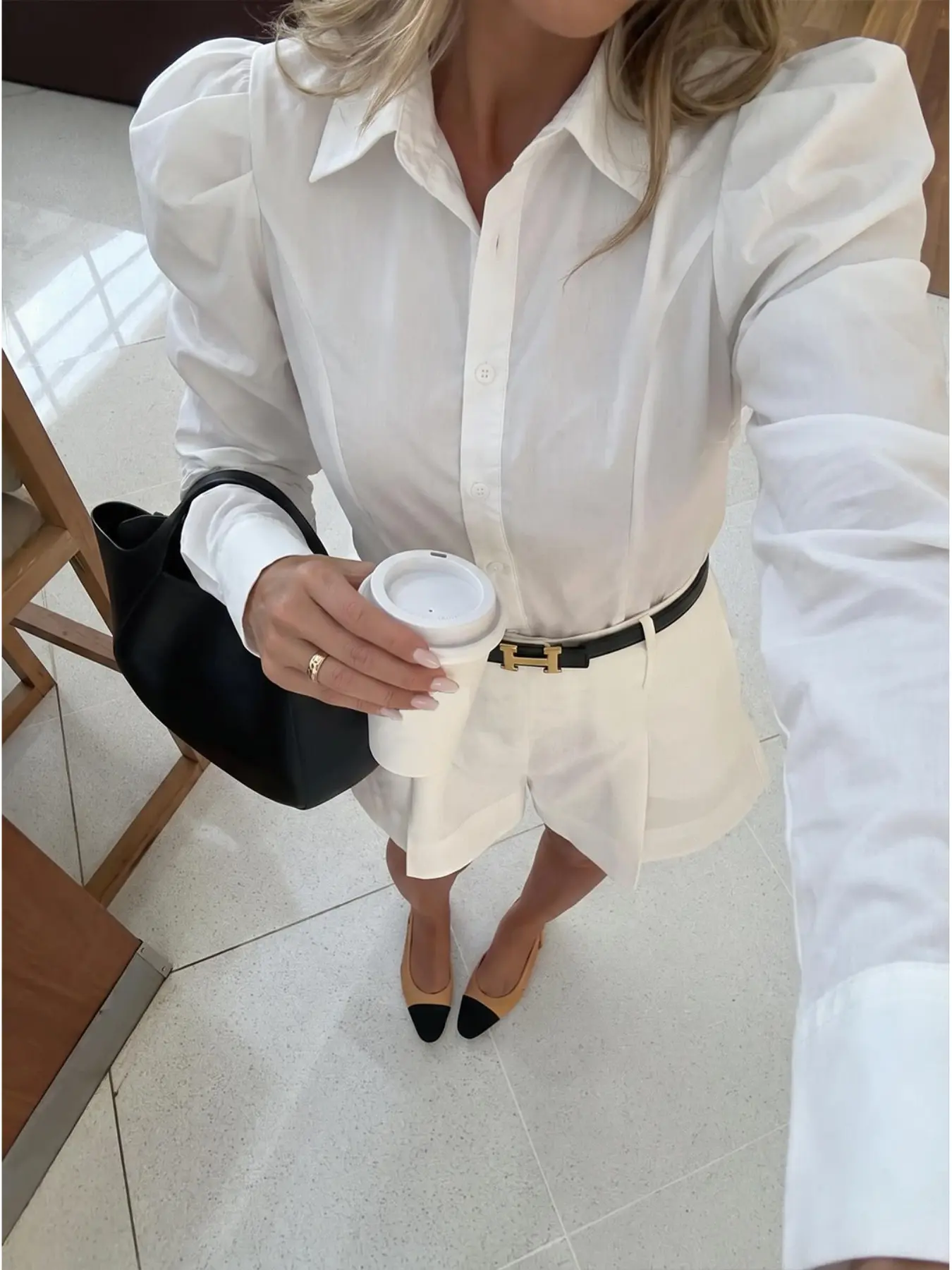 Women White Puff Long Sleeve Button Down Shirt, Slim Fit Lapel Blouse, Elegant Office Business Top For Spring Autumn Daily Workwear