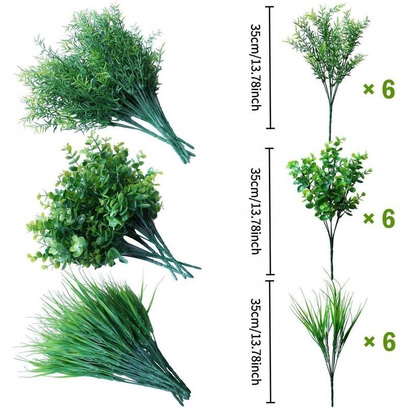 18 Pcs No Fade Artificial Plants Greenery Stems, 3 Types Realistic Faux Eucalyptus Grass Shrubs, UV Resistant Faux Greenery for Outdoor Indoor Home Garden Yard Window Box Porch Patio Balcony Farmhouse Wedding Party Table Centerpieces DIY Decoration