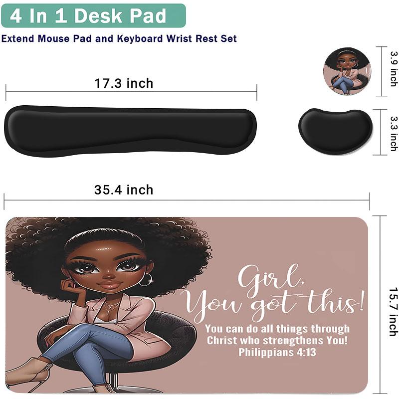 4pcs Inspirational Quote "Girl You Got This "Design Mouse Pad + Keyboard Wrist Rest + Ergonomic Mouse Pad + Coaster Set For Desktop Decoration, Office Accessories Set Ergonomic Wrist Support, Computer Mat Mouse Pad Coaster Suitable For Home Office Gaming