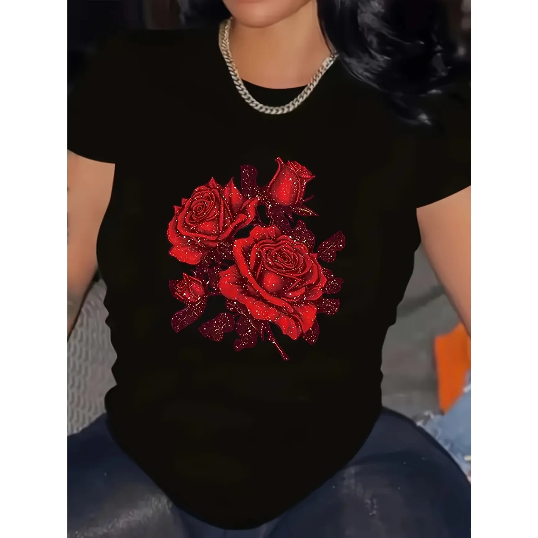 Romantic Rose Graphic Tee – Sparkling Red Flower Design, Elegant Cotton Shirt, Perfect Gift for Her, Best Valentine's Day or Date Night Outfit for Women