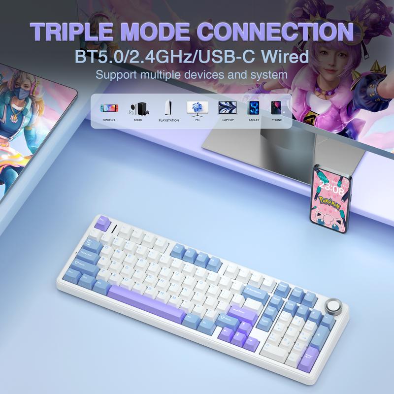 AULA F99 Pro Wireless Mechanical Keyboard with Knob,Tri-Mode BT5.0/USB-C/2.4GHz Hot Swappable Keyboard,Pre-lubed Switches,Gasket Structure,RGB Backlit Computer Gaming Keyboard (White&Blue&Purple) college school supplies TikTokShopfalldealsforyou AULA F99 Pro Wireless Mechanical Keyboard with Knob,Tri-Mode BT5.0/USB-C/2.4GHz Hot Swappable Keyboard,Pre-lubed Switches,Gasket Structure,RGB Backlit Computer Gaming Keyboard (White&Blue&Purple) college school supplies TikTokShopfalldealsforyou