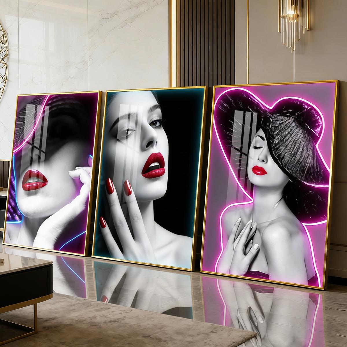 3 Counts Aluminum Alloy Framed Painting, Neon Beauty Portrait Art With Red Lips And Nails, Home Decoration For Living Room, Bedroom, Office, Restaurant, Hallway Wall Decor, Odorless Print Artwork, Luxury Perfect Gift For Friends And Family