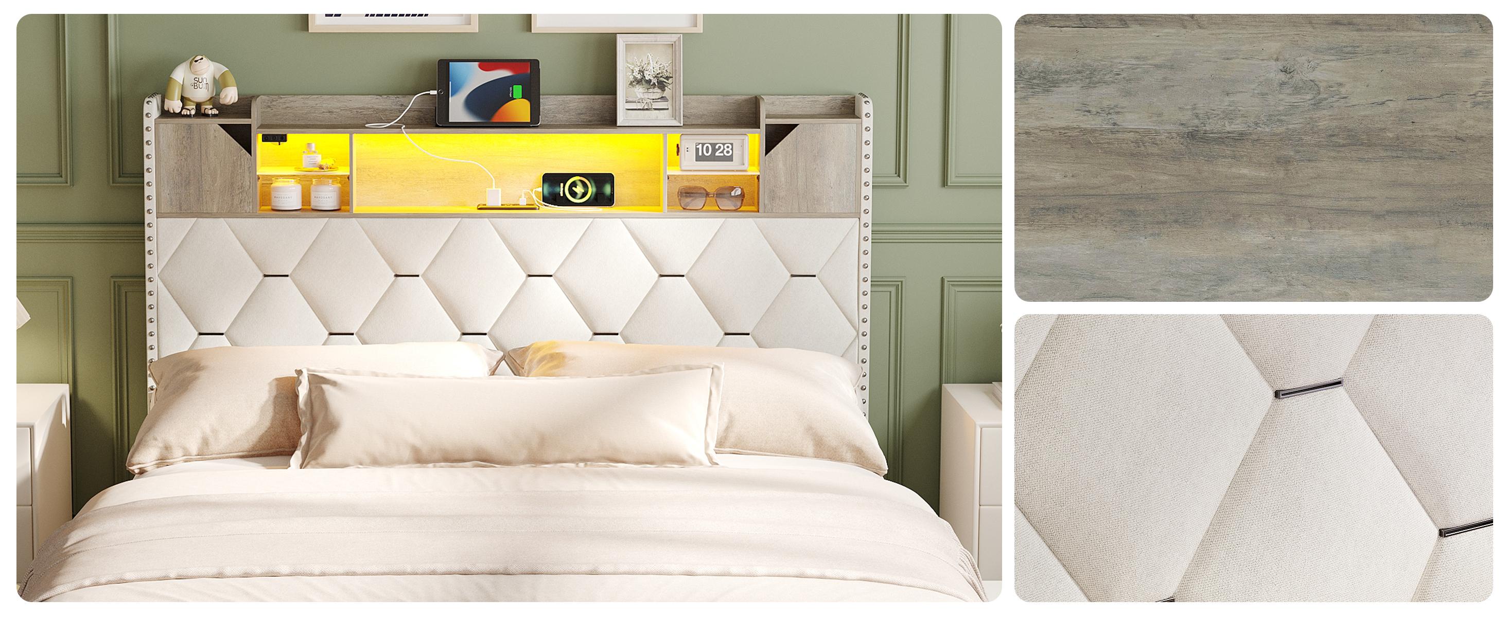 Vabches Queen Bed Frame with Storage Headboard and 3 Drawers, Upholstered Platform Bed Frame with LED Lights and Charging Station, 3-Tier Shelves, Rivet Trim, No Box Spring Needed, Noise Free