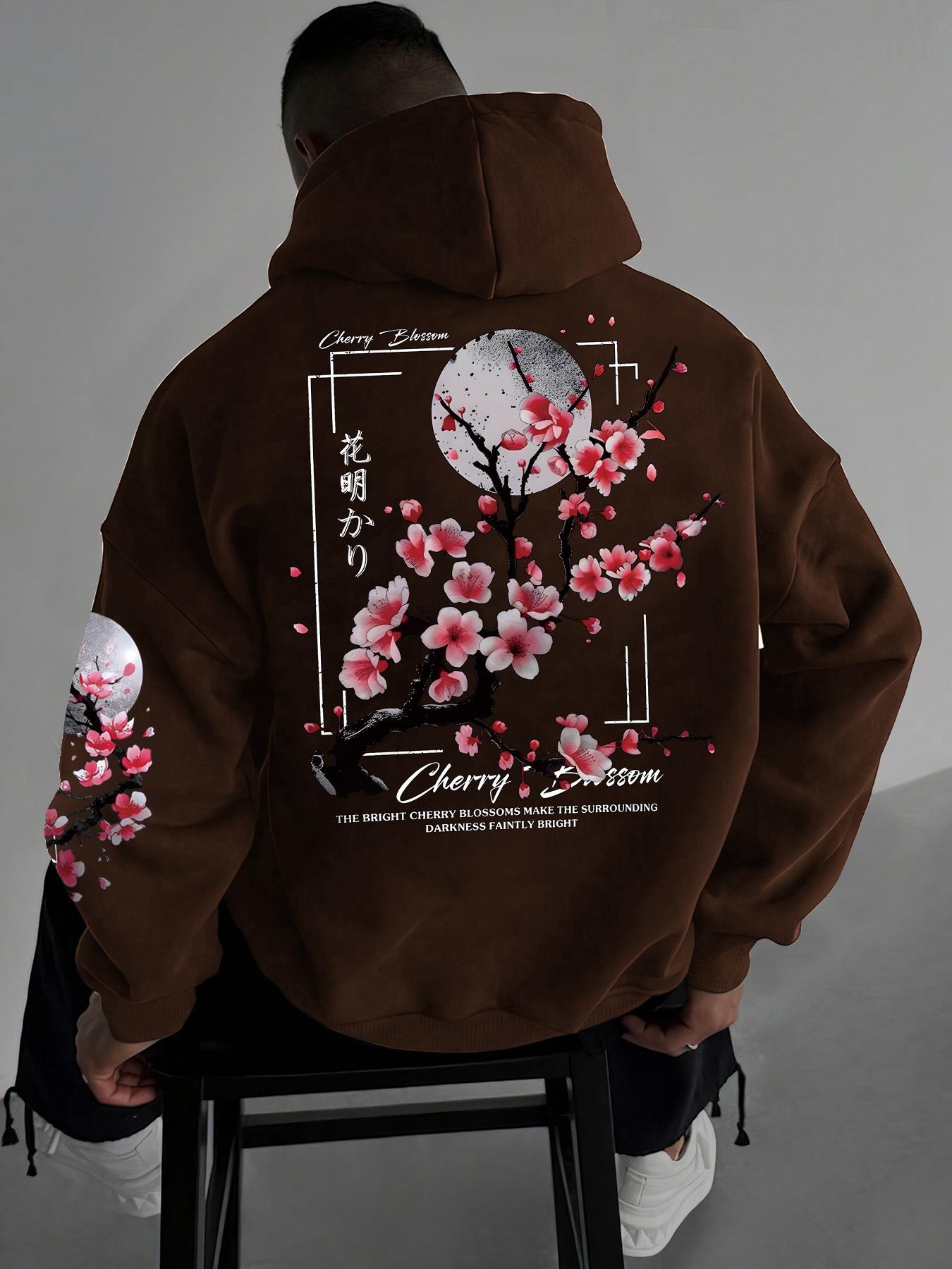 Men's Floral Print Drop Shoulder Thermal Lined Hoodie, Floral Hoodies, Fashion Casual Regular Fit Drawstring Pocket Hooded Sweatshirt, Casual Streetwear Sweatshirt for Daily Holiday Outdoor Wear, Men Clothes for Fall & Winter