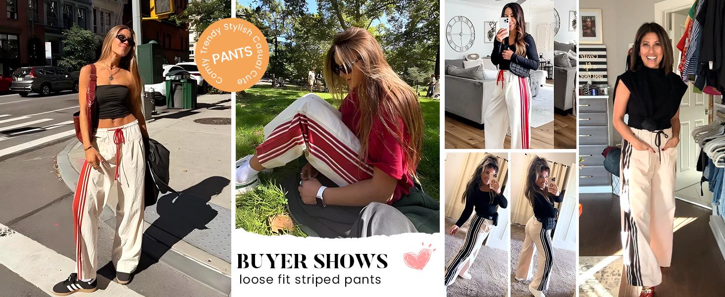 UANEO Women's Wide Leg Pants Drawstring High Rise Side Striped Slouchy Palazzo Pants with Pockets