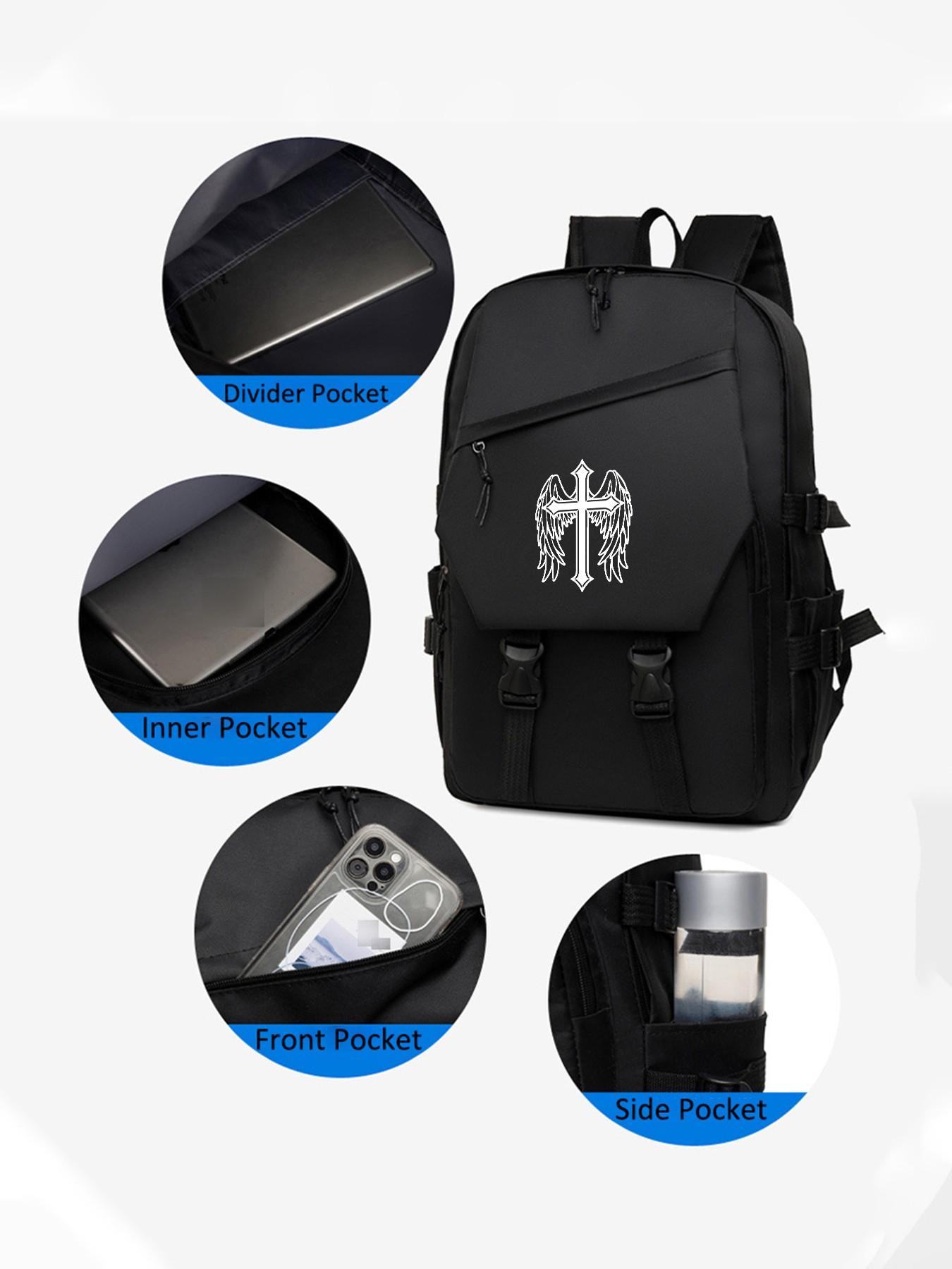 Cross Wings Print Backpack, Large Capacity Waterproof Laptop Bag, Casual School & Business Bag, Unisex, All Seasons