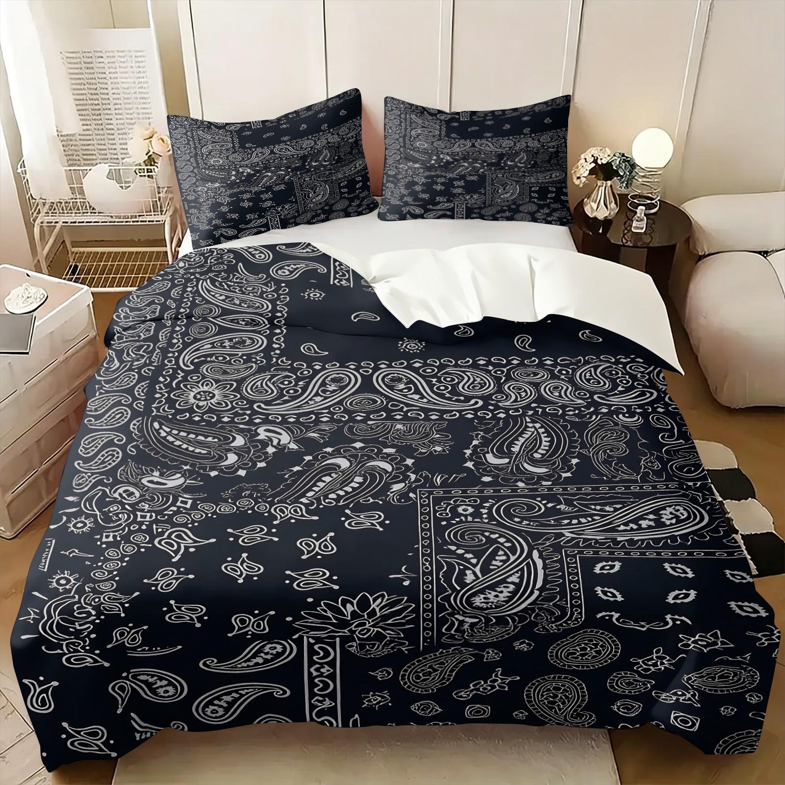 3PCS Navy Blue Bandana Paisley Duvet Cover Set (1 Duvet Cover + 1-2 Pillowcases), Classic White Border Paisley Print, Skin-Friendly Soft Comfy All Seasons Summer Bedding Set, Perfect for Streetwear Bedroom & Hip Hop Style Lovers