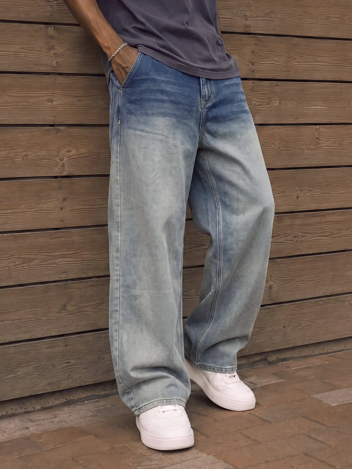 Men's Light Blue Loose Fit Wide Leg Jeans, Vintage Washed Out Design, Casual All-Season Long Pants, Trendy and Versatile, Menswear
