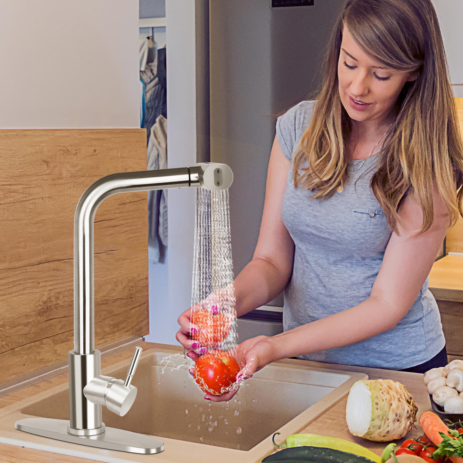 PHANCIR Kitchen Faucet with 4 Modes 15.7" Pull Down Sprayer, 360° Swivel Stainless Steel Kitchen Sink Faucet with No-Leak Ceramic Valve, Easy Install for Farmhouse Camper Laundry RV Bar