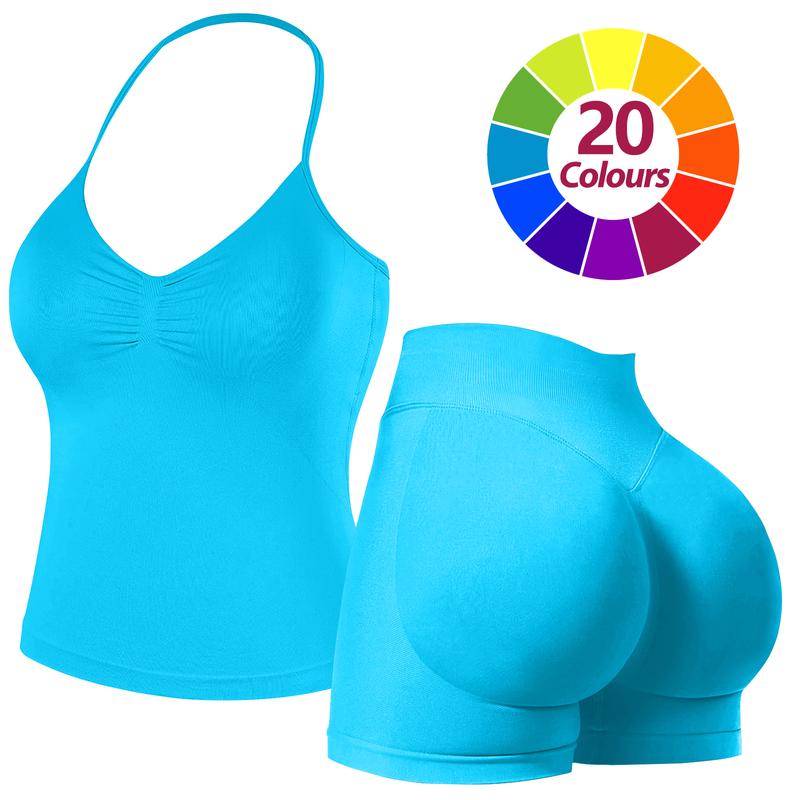 RICH BRIA Sports Sets for Women Seamless Halter Tank Top with High Waist Shorts Set for Yoga and Fitness, Breathable & Comfortable Activewear Summer Two-Piece