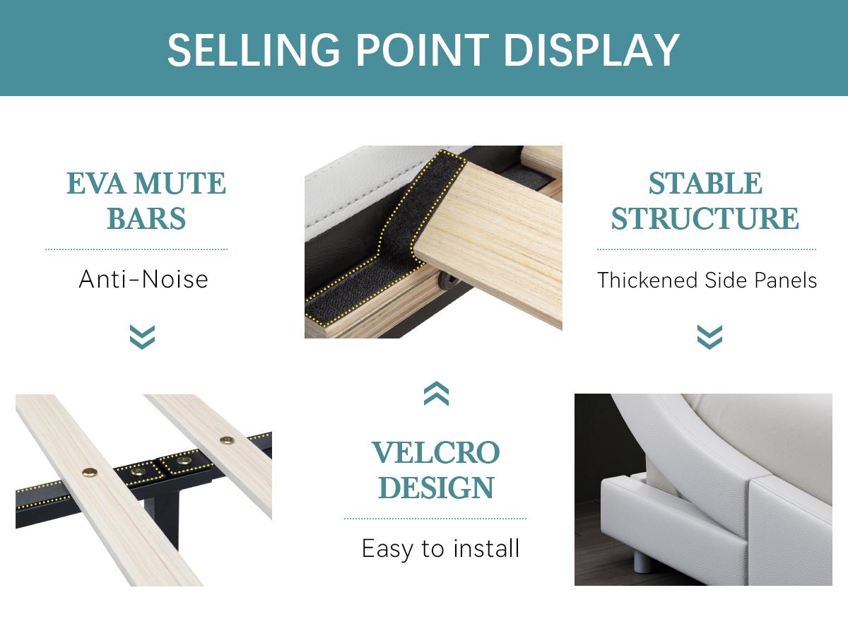 HOOMIC Upholstered Platform Bed Frame【Frame Only No Mattress】with Faux Leather Headboard, Modern Sleigh Design, Low Profile, No Box Spring Needed, Full/Queen/King Size,Black/White/Black & White