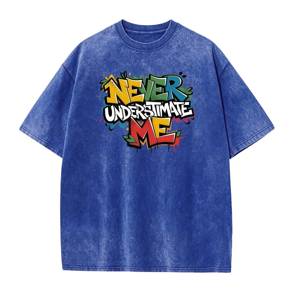 Men's 100% Cotton "Never Underestimate Me" Graphic Graffiti Digital Print T-Shirt - Casual Wear, Baggy Relaxed Fit, Round Crew Neck, Lightweight Seamless Short Sleeve, Smooth Soft Fabric, Machine Washable